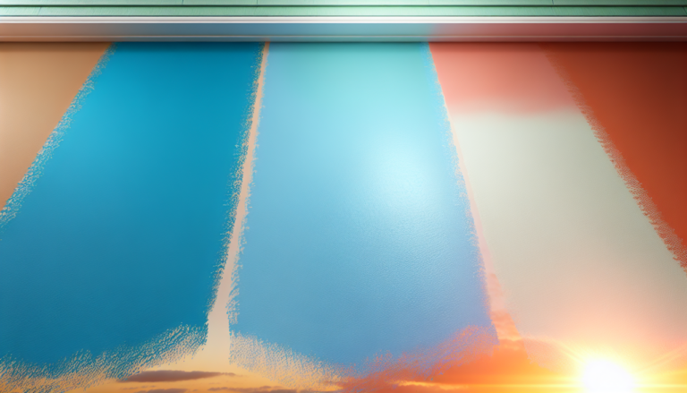 Couleur en C : Mur de maison peint avec un dégradé fluide de couleurs commençant par la lettre 'C' : bleu céleste en haut, cyan au milieu et corail en bas, éclairé par une douce lumière naturelle pour améliorer les véritables couleurs, avec une subtile texture visible pour ajouter de la profondeur et du réalisme, et une distinction nette entre les nuances pour un impact visuel. Activez les paramètres de haute résolution et de photoréalisme pour augmenter la qualité et garantir que le mur paraisse tangible.