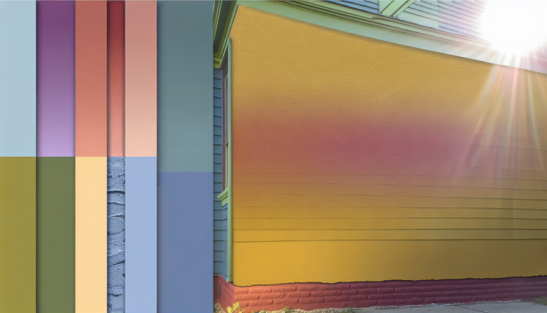 Mur de maison peint avec une transition de couleurs en D : Denim, Dandelion, Dusty Rose, Daffodil. Lumière douce d'un après-midi pour texture et transitions subtiles. Perspective frontale pour saisir toute la gamme de teintes. Légère texture pour réalisme. Netteté ajustée, saturation équilibrée.