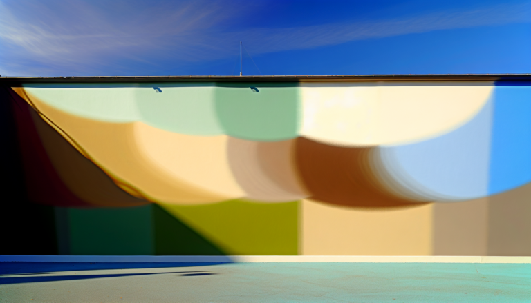 Palette de couleurs en E : œuf, émeraude, ébène, écru. Mur extérieur d'une maison avec un dégradé réaliste de couleurs en E, baigné de lumière naturelle pour mettre en valeur la texture et la profondeur de la peinture. Ciel bleu en contraste pour une image haute résolution et fidèle aux détails et aux couleurs. #couleur #E #dégradé.