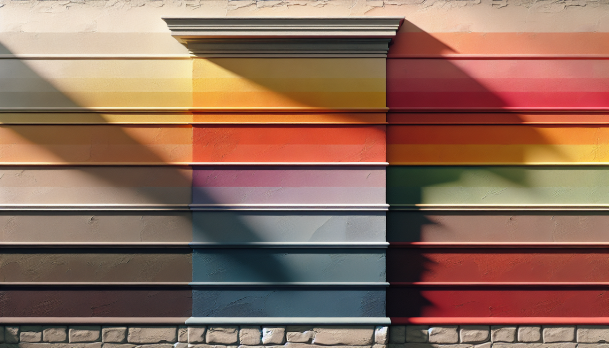 Couleur en F : un mur de maison peint avec une transition fluide de nuances allant du "frost" en haut, en passant par "fern", "flax", "fawn", jusqu'au "falun red" en bas. Texture mate, ombres douces, lumière naturelle d'un après-midi. Nuances de couleurs pour un design mural extérieur élégant. Détails fins pour capturer chaque couleur et la texture du mur.