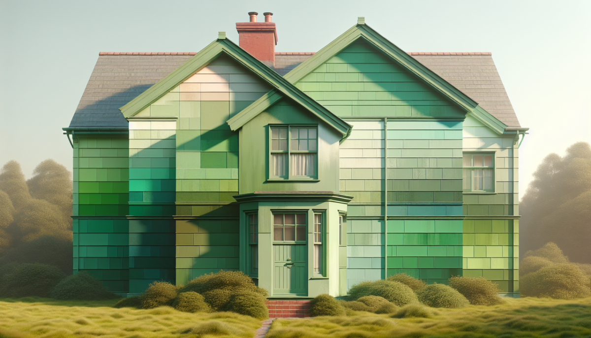 Mur de maison peint de différentes nuances de vert, de la couleur vert clair au vert foncé, en passant par le vert mousse, le vert menthe, le vert marin et le vert olive. Éclairage naturel pour des couleurs vibrantes, texture lisse pour une finition propre. Transition sans couture entre les teintes, perspective montrant la profondeur des couleurs. Fidélité d'image et précision des couleurs et des textures optimisées.