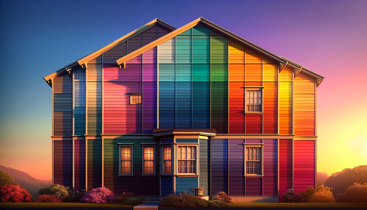Mur de maison peint avec une gamme de couleurs en H : Heather, Heliotrope, Honeydew, Harlequin, Hansa Yellow et Honolulu Blue. Ambiance chaleureuse et détails nets.