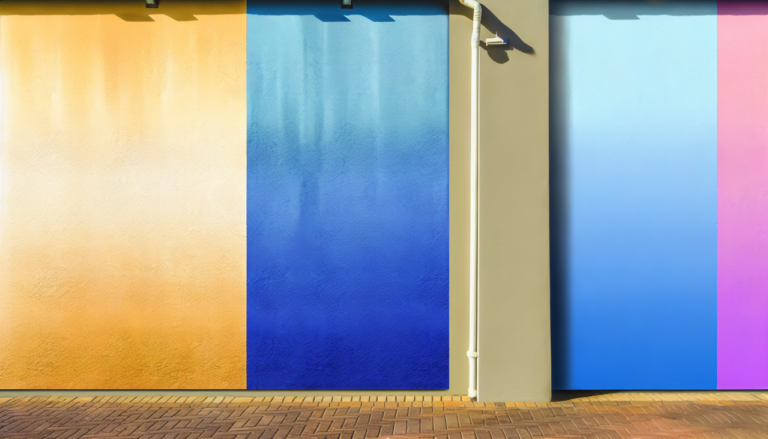 Couleur en I : Un mur de maison peint avec un dégradé de différentes nuances commençant par la lettre I : ivoire en haut, indigo au milieu et bleu glace en bas. Effets d'ombre et de texture pour un rendu réaliste, éclairage pour un effet ensoleillé. Mur en focus avec flou artistique sur les éléments environnants.