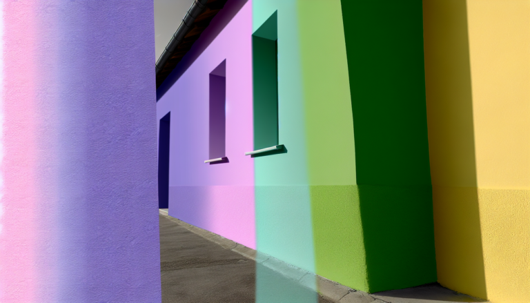 Couleur en L : Mur de maison peint en dégradé de lavande, lilas, citron et lime. Effets de texture, ombres subtiles, et reflet léger pour plus de réalisme. Harmonie des couleurs et saturation optimisée pour un rendu visuel attrayant. (194 caractères)