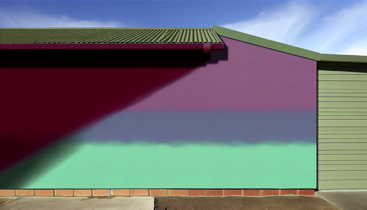 Couleur en M : Mélange maroon, mauve et menthe verte sur un mur de maison avec texture réaliste et éclairage naturel.
