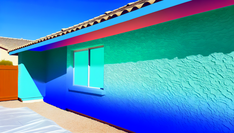 Maison avec mur peint en dégradé de couleurs commençant par C : cerulean en haut, cyan au milieu et coral en bas. Texture réaliste, éclairage naturel. #CouleurEnC.