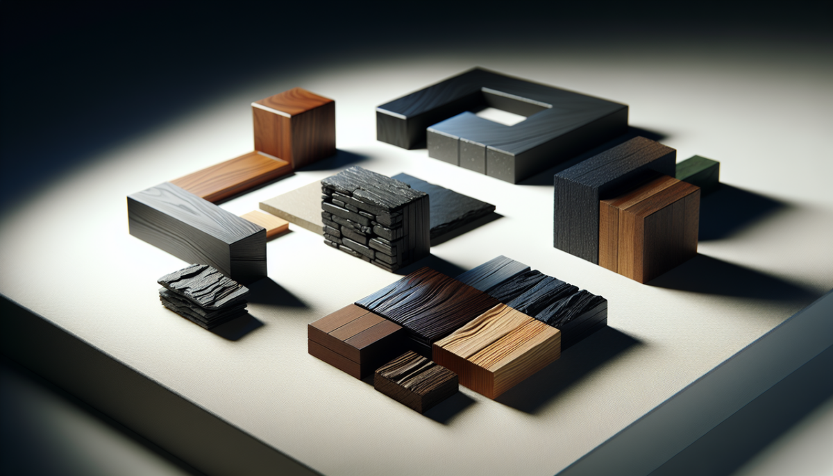 Matériaux en E - diverses textures et couleurs sur fond blanc, incluant des bois exotiques et briques émaillées.