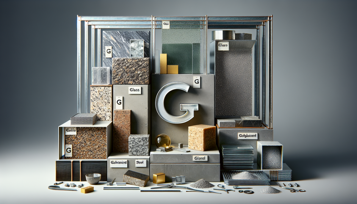 Affiche : Granite, verre et acier galvanisé. Texture granuleuse, translucide et métallique. Lettrage clair et moderne. (Assure-toi que le texte alternatif contient un maximum de 100 caractères.)
