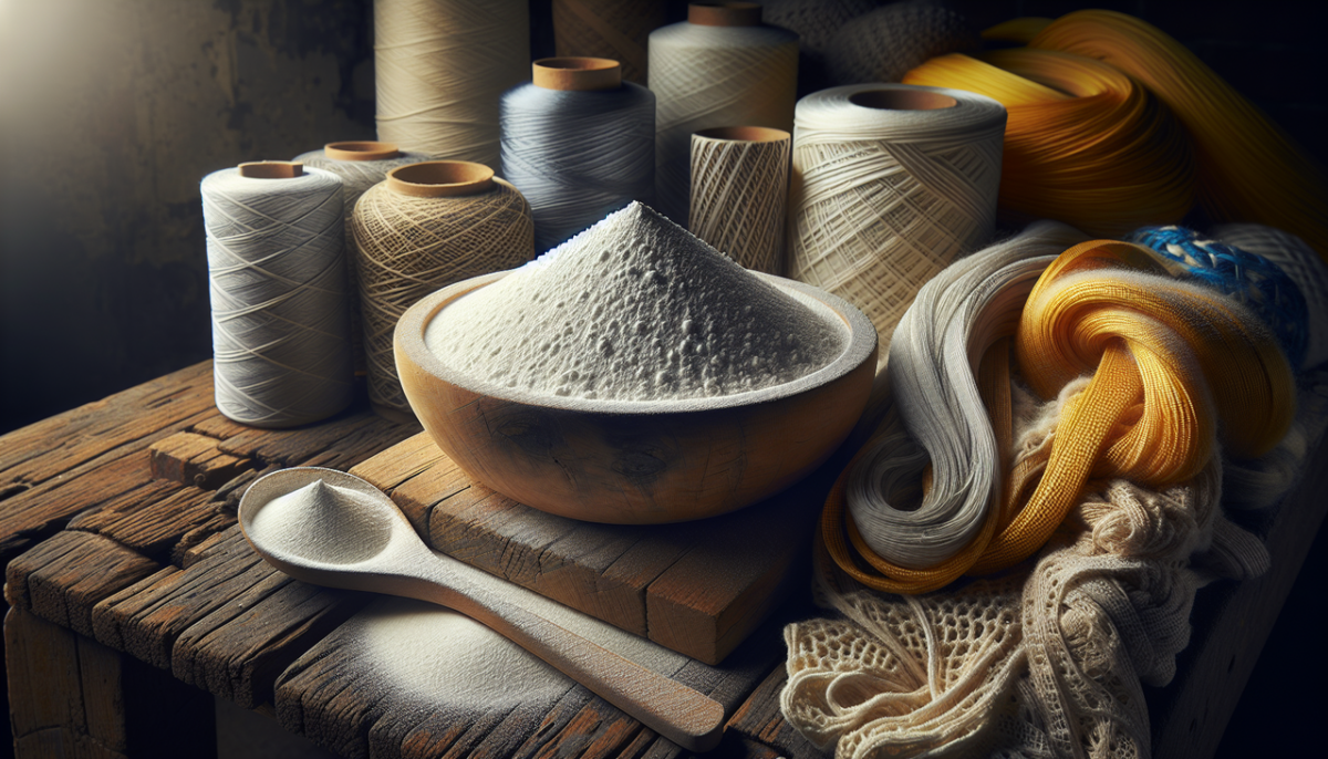 Illustration de matériaux en K sur un établi bois : kaolin en poudre blanche, Kevlar jaune, tissus tricotés variés.