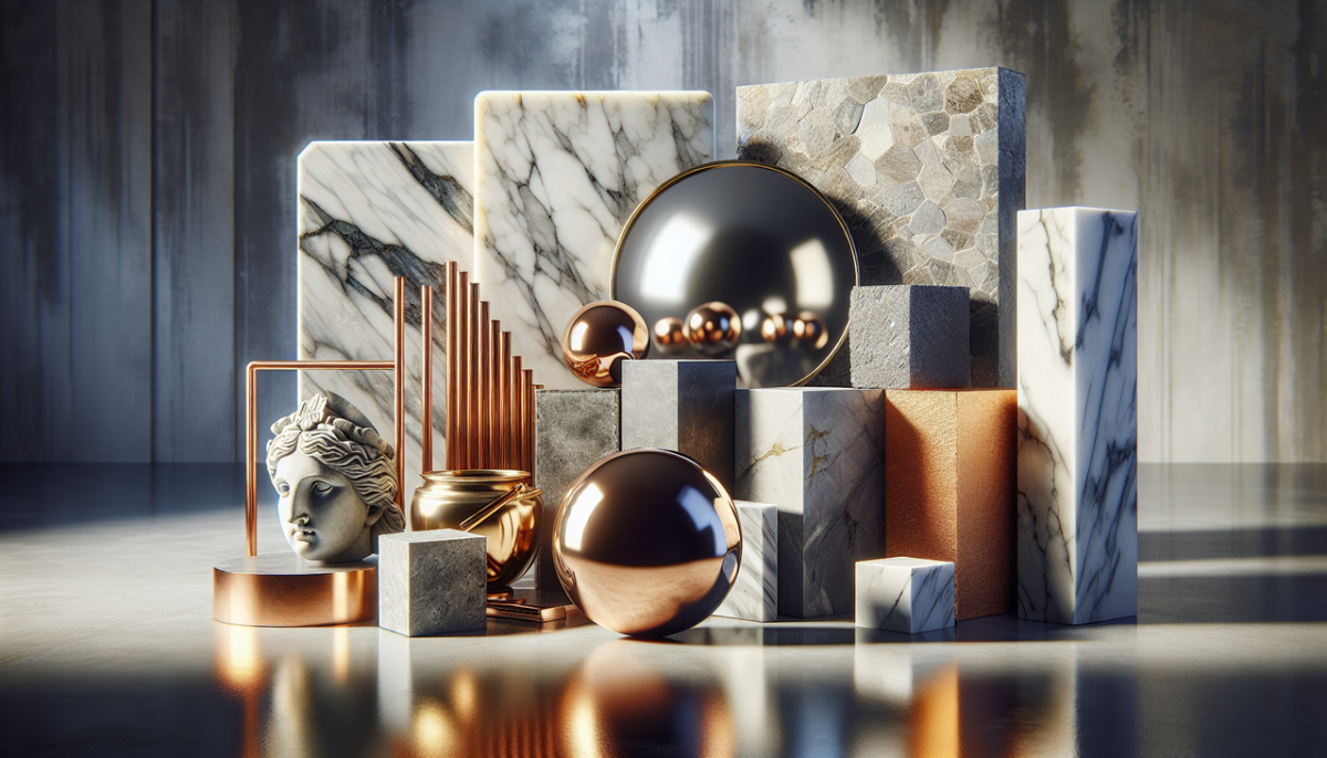 Collection de matériaux en M pour la construction - marbre, métal, miroir, mortier.