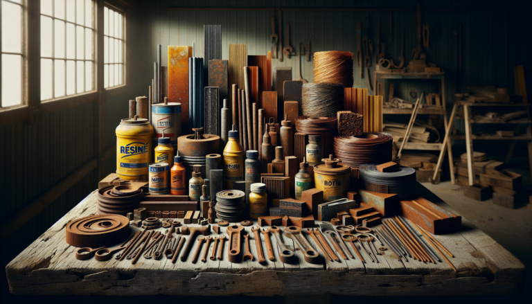Capturez la variété des matériaux en R sur une table en bois rustique dans un atelier de construction avec outils en arrière-plan.