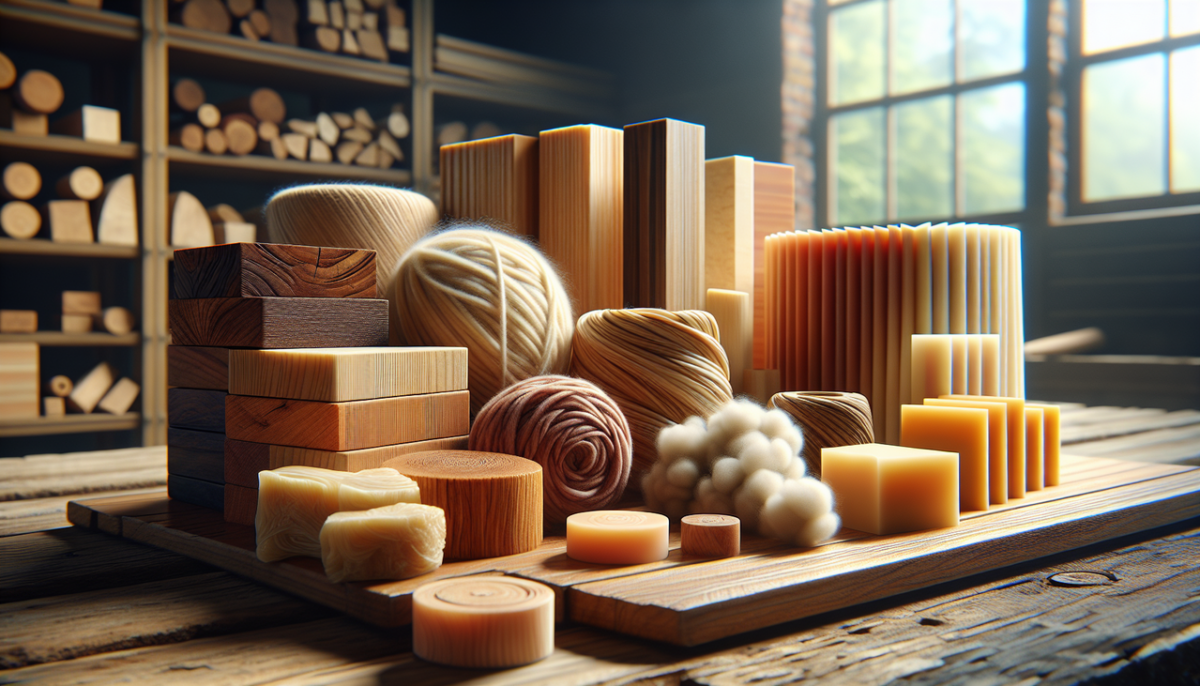 Crée une image de matériaux en W dans un atelier bien éclairé, mettant en valeur le bois, la laine et la cire.