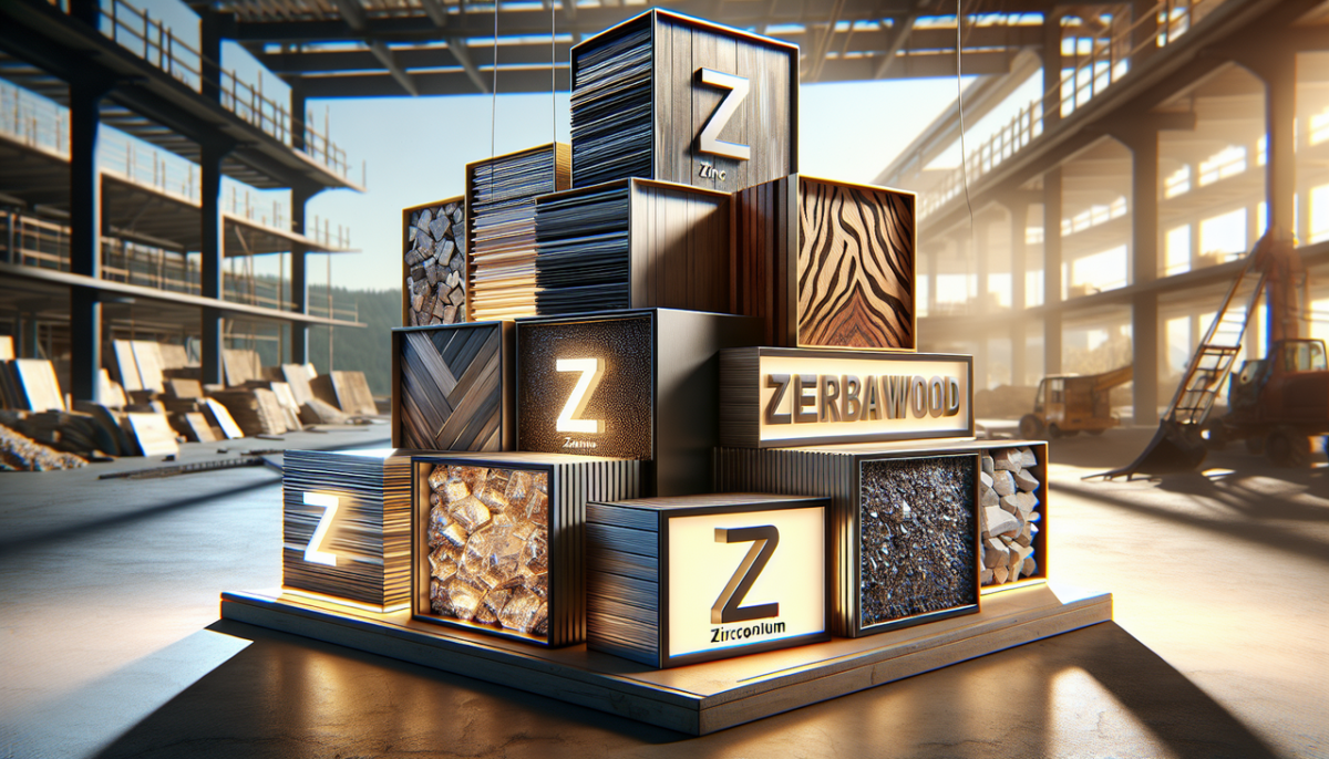Matériaux variés en Z - panneaux de zinc, carrelage de zirconium, planches en zébrano, morceaux de zéolite.