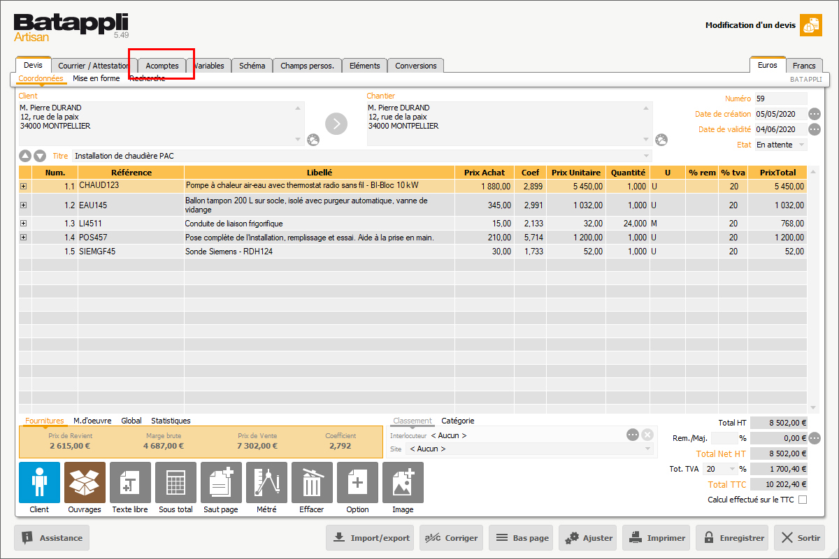 Calcul de l'acompte dans un logiciel de gestion BTP