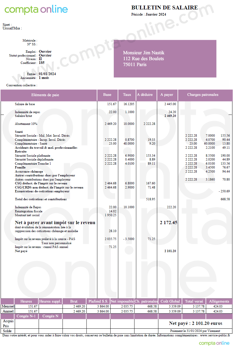 fiche de paie convention travaux publics
