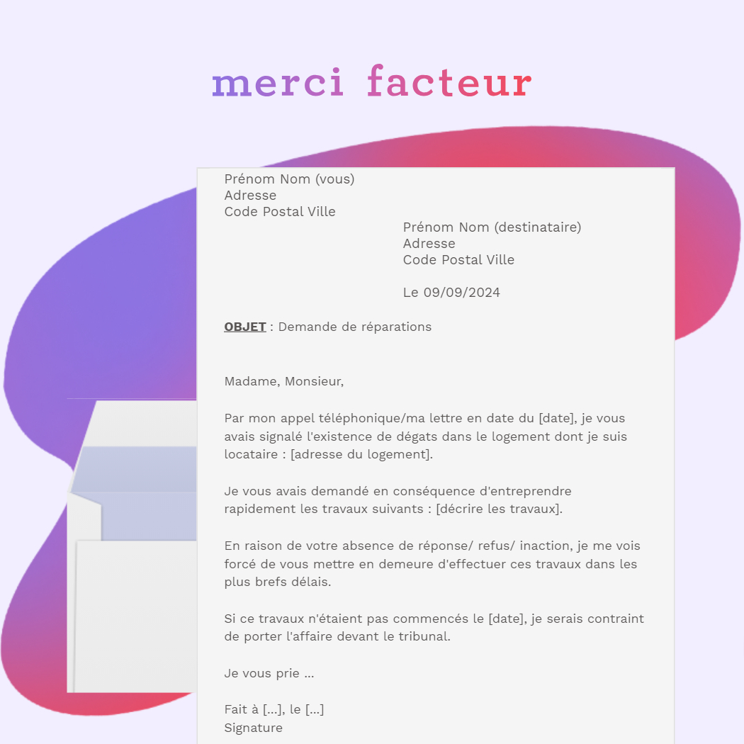 Modèle de lettre de demande de réparations par un locataire