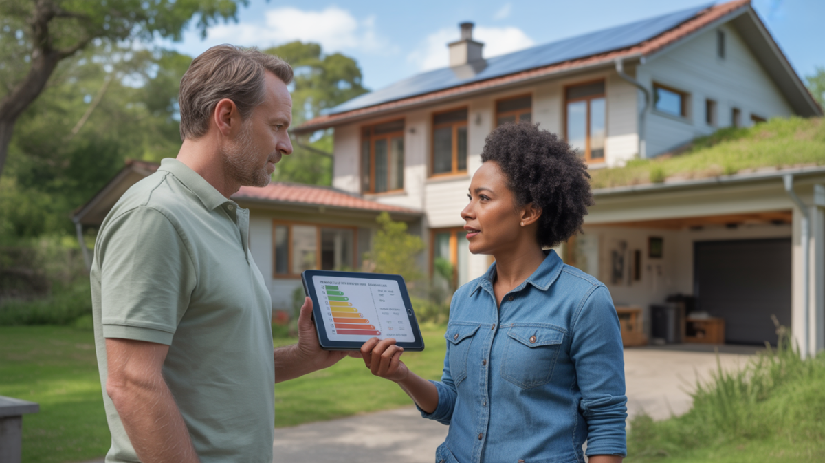 Un propriétaire et un expert en efficacité énergétique discutant devant une maison moderne et réaliste avec des panneaux solaires sur le toit et une lumière naturelle éclatante.
