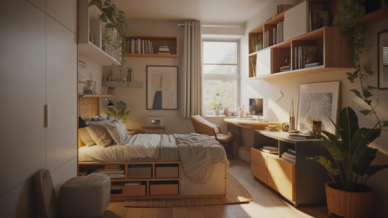 Petite chambre décorée de façon cosy et naturelle avec mobilier multifonction, lumière douce et détails authentiques.