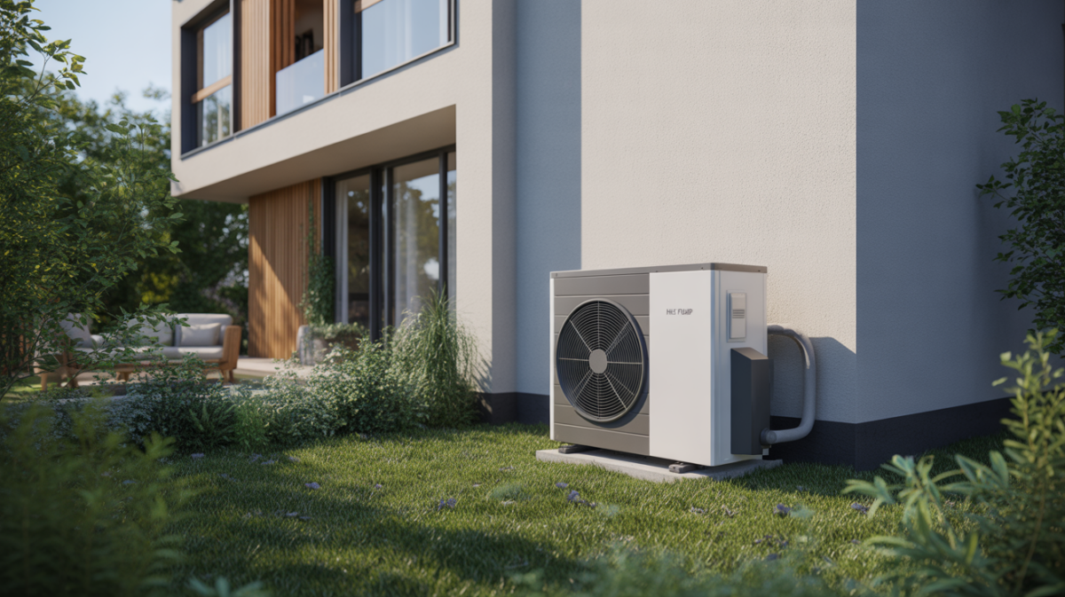 Photo réaliste d'une maison moderne de 100 m² avec une pompe à chaleur extérieure visible dans le jardin, sous une lumière naturelle et un environnement verdoyant.