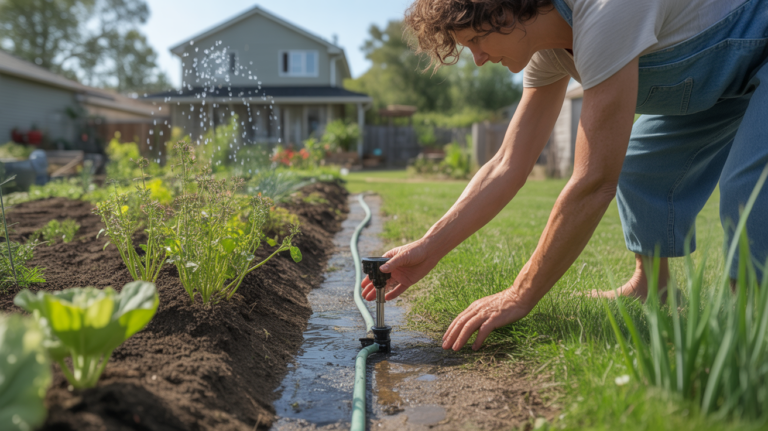 Scène réaliste d’un jardin domestique où une personne ajuste un système d’arrosage économe en eau parmi des plantes luxuriantes au lever du soleil.