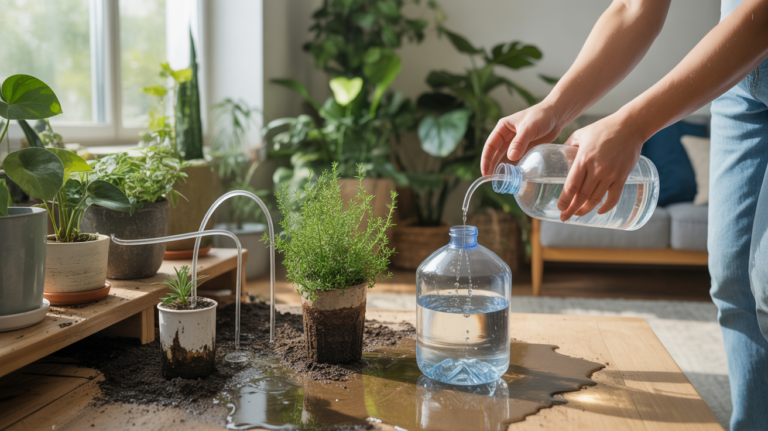 Scène réaliste dans un salon avec un système d’arrosage automatique fait maison alimentant plusieurs plantes vertes.