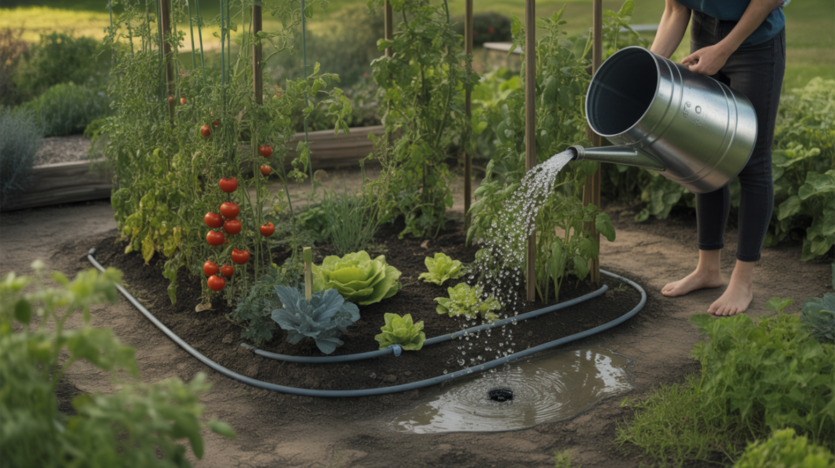 Potager réaliste avec arrosage automatique relié à une réserve d'eau, montrant des légumes en pleine santé et un système de goutte‑à‑goutte alimenté par un récupérateur d'eau.