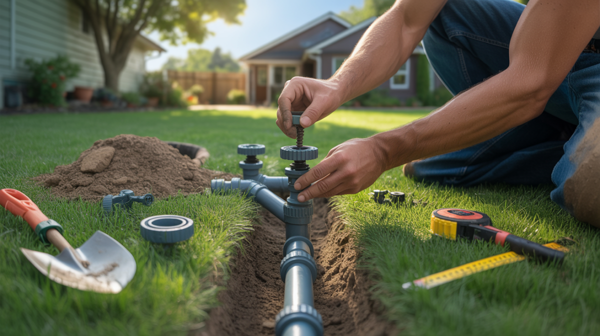 Installation réaliste d’un système d’arrosage enterré sous une pelouse avec tranchée ouverte, tuyaux visibles et outils de jardinage.