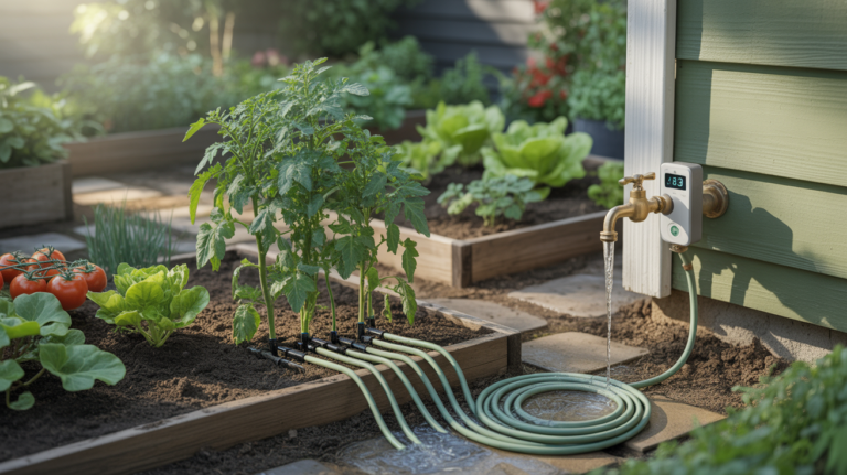 Scène réaliste d’un potager arrosé par un kit goutte à goutte moderne avec programmateur.