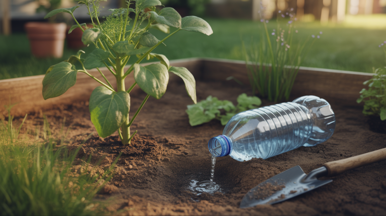 Système d’arrosage goutte à goutte fabriqué avec une bouteille en plastique retournée, enterrée près d’un plant de légumes dans un jardin ensoleillé, avec des détails naturels et réalistes.