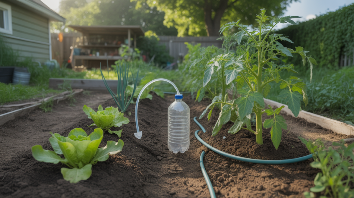 Système d’arrosage goutte à goutte fait maison irriguant un potager avec des matériaux simples dans un jardin réaliste.