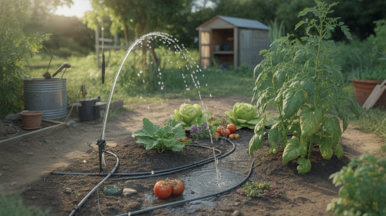 Système d’arrosage goutte à goutte alimenté par gravité dans un potager, avec un baril d’eau surélevé et des plantes arrosées naturellement.