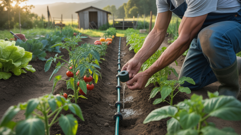 Jardin potager réaliste au lever du soleil avec un jardinier installant un système d’arrosage goutte à goutte parmi des légumes verdoyants.