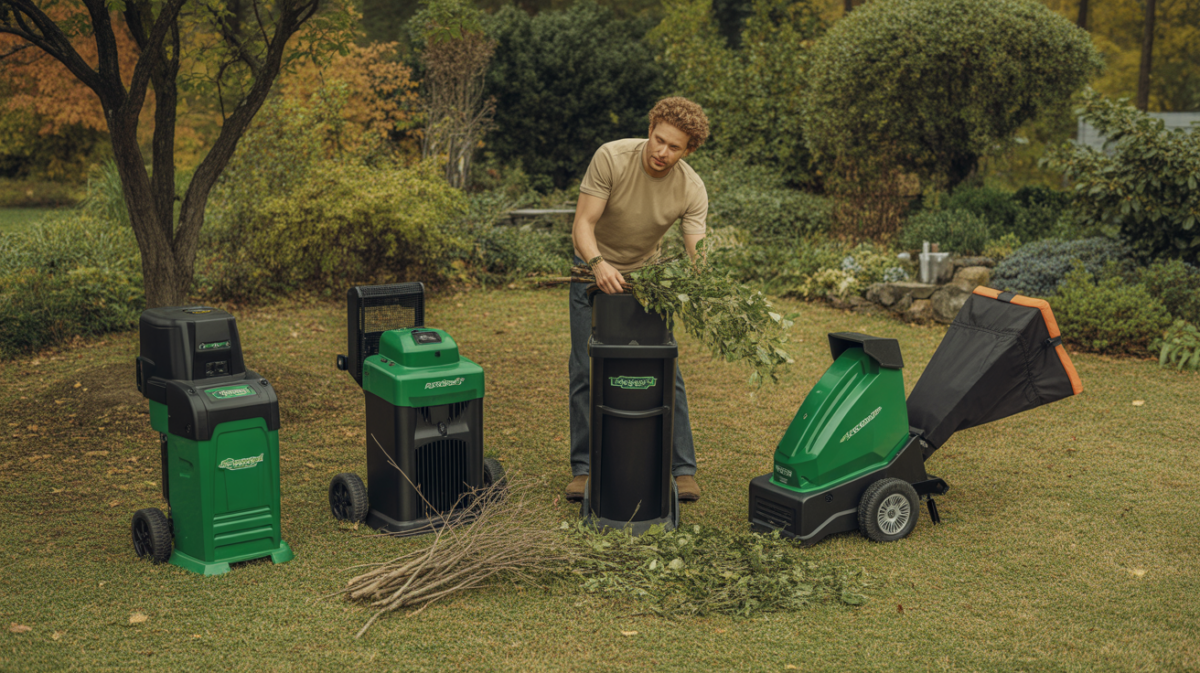 Scène réaliste montrant une personne comparant différents broyeurs de déchets verts dans un jardin naturel.
