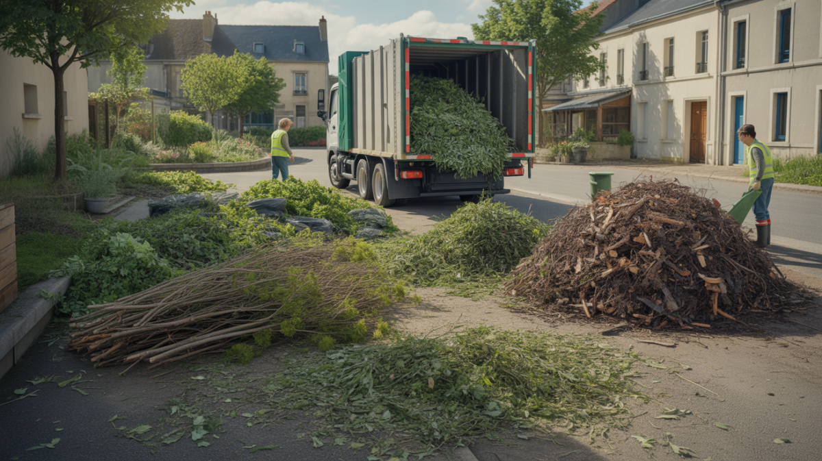 Scène réaliste de collecte et valorisation de déchets verts dans une commune, avec ouvriers, bennes de compostage et végétaux triés.