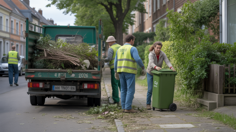 Scène réaliste de collecte des déchets verts dans un quartier résidentiel avec agents municipaux et solutions alternatives comme le compostage.