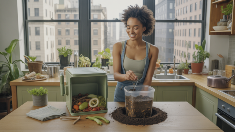 Scène réaliste dans un appartement montrant une personne entretenant un compost de cuisine avec des plantes d’intérieur et une vue urbaine authentique.