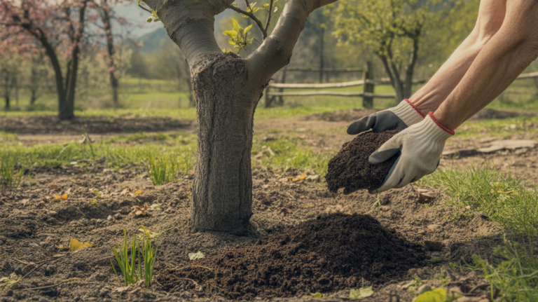 Scène réaliste d’un arbre fruitier au printemps avec du compost déposé à son pied dans un petit verger naturel.
