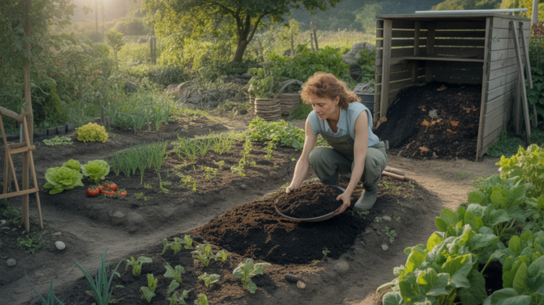 Jardinier épandant du compost mûr dans un potager au petit matin avec des plantes vigoureuses et une lumière naturelle.