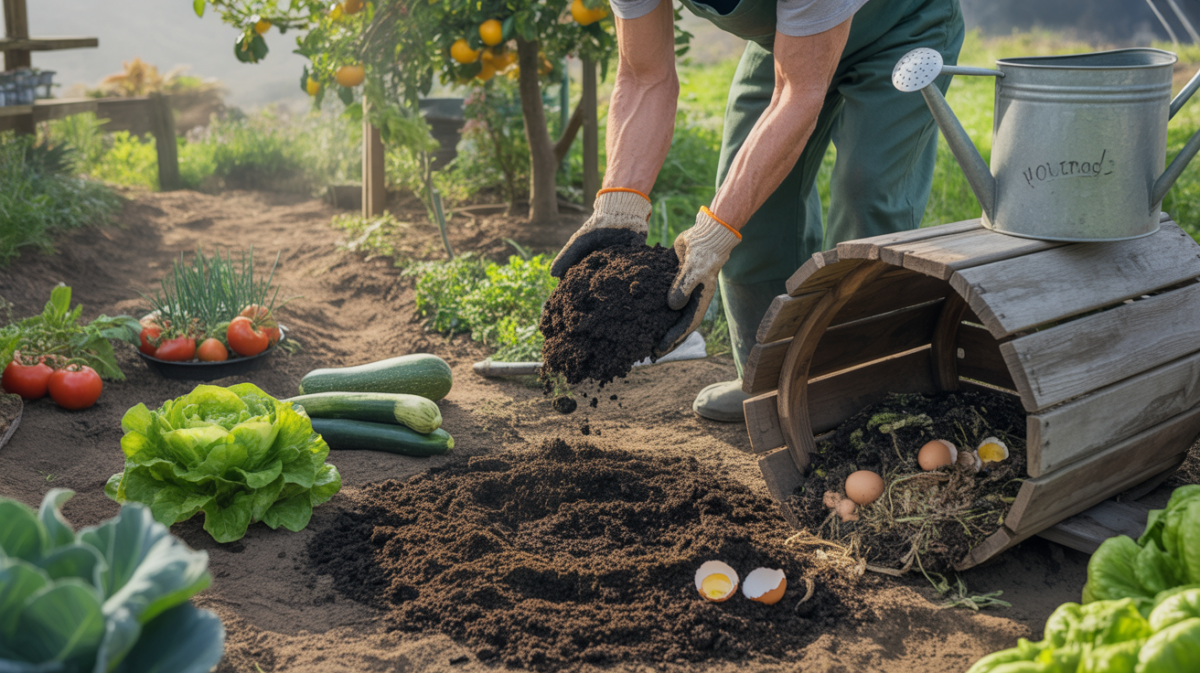 Jardin potager réaliste avec un jardinier étalant du compost fait maison autour de plantes potagères saines sous une lumière naturelle.