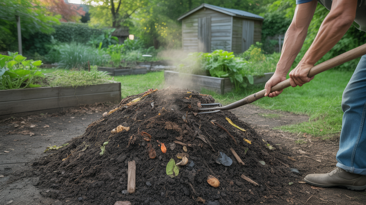 Scène réaliste d’une personne retournant un compost actif dans un jardin naturel au petit matin, avec vapeur, matières organiques visibles et décor authentique.