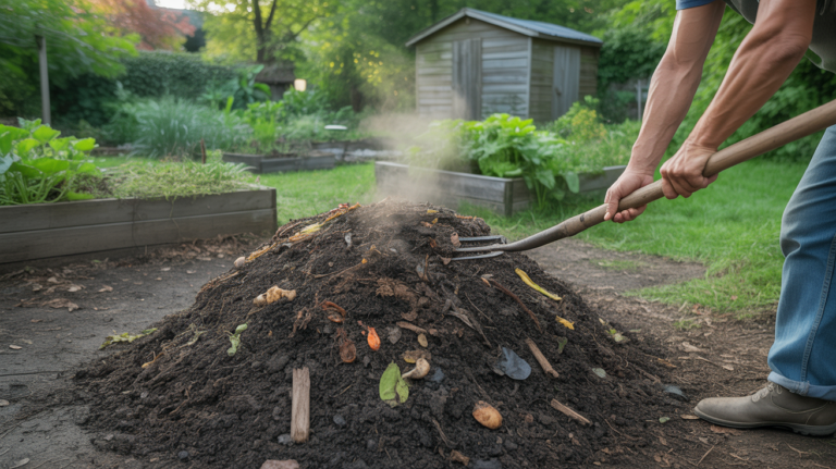 Scène réaliste d’une personne retournant un compost actif dans un jardin naturel au petit matin, avec vapeur, matières organiques visibles et décor authentique.