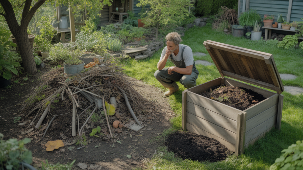 Jardin réaliste montrant un tas de compost et un bac de compost côte à côte, avec un jardinier observant les deux systèmes dans un décor naturel et authentique.
