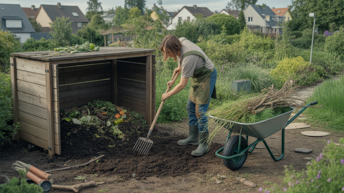 Scène réaliste dans un jardin partagé avec un composteur en bois ouvert, du compost frais, des déchets verts et une personne en train de brasser le compost.