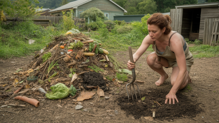 Scène réaliste d’un jardin où une personne retourne un tas de compost naturel directement sur le sol.