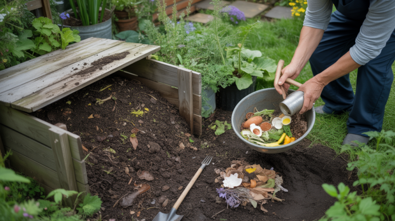 Scène réaliste d’un jardin avec un composteur en bois ouvert, montrant du compost mûr et des déchets organiques prêts à être mélangés, entouré de plantes et d’un environnement naturel authentique.
