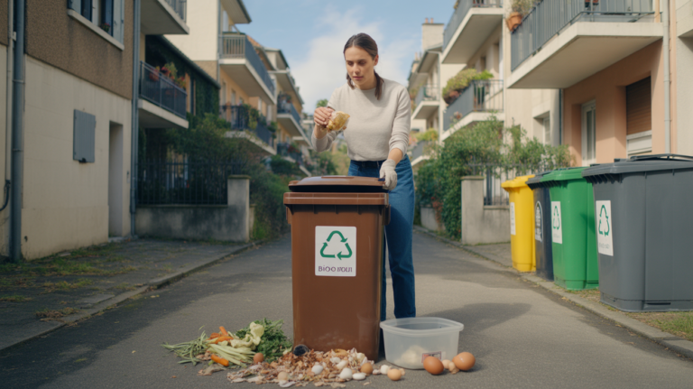 Habitant d’un quartier résidentiel français triant ses biodéchets dans un bac à compost obligatoire devant des immeubles réalistes en 2026.