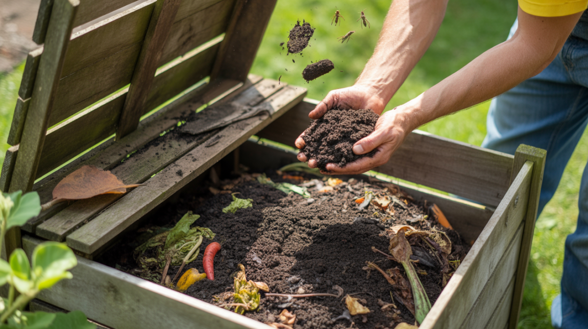 Scene réaliste d’un jardin avec un composteur en bois débordant et un jardinier inspectant du compost mature.