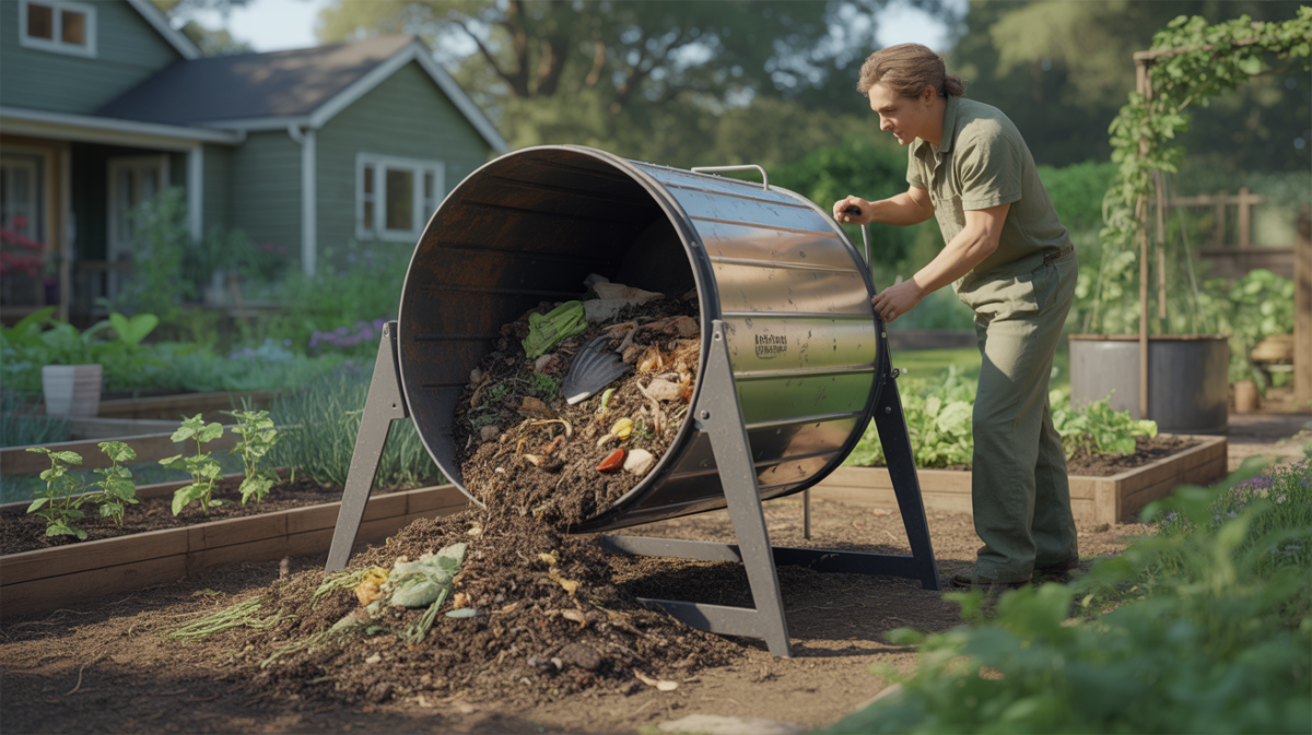 Scène réaliste dans un jardin avec un composteur rotatif utilisé par un jardinier, montrant un environnement naturel et authentique.
