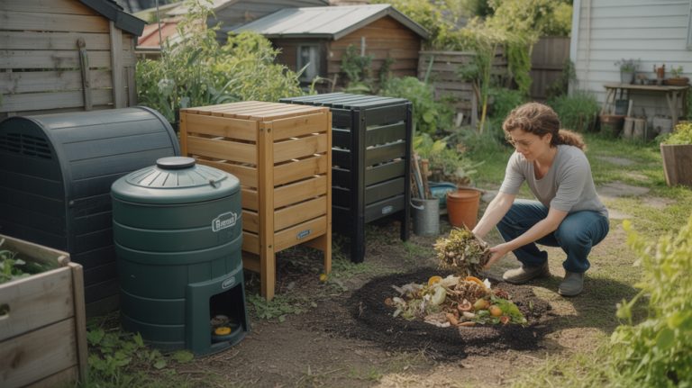 Scène de jardin réaliste montrant plusieurs composteurs abordables utilisés dans une petite cour naturelle.