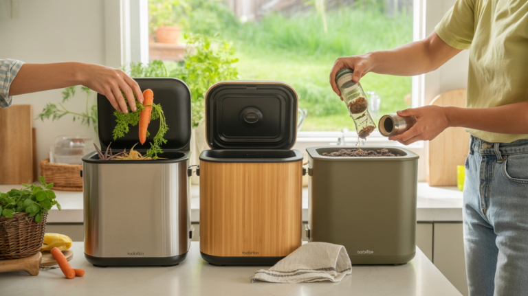Scène réaliste d’une cuisine lumineuse avec plusieurs composteurs côte à côte et une personne ajoutant des déchets de légumes.